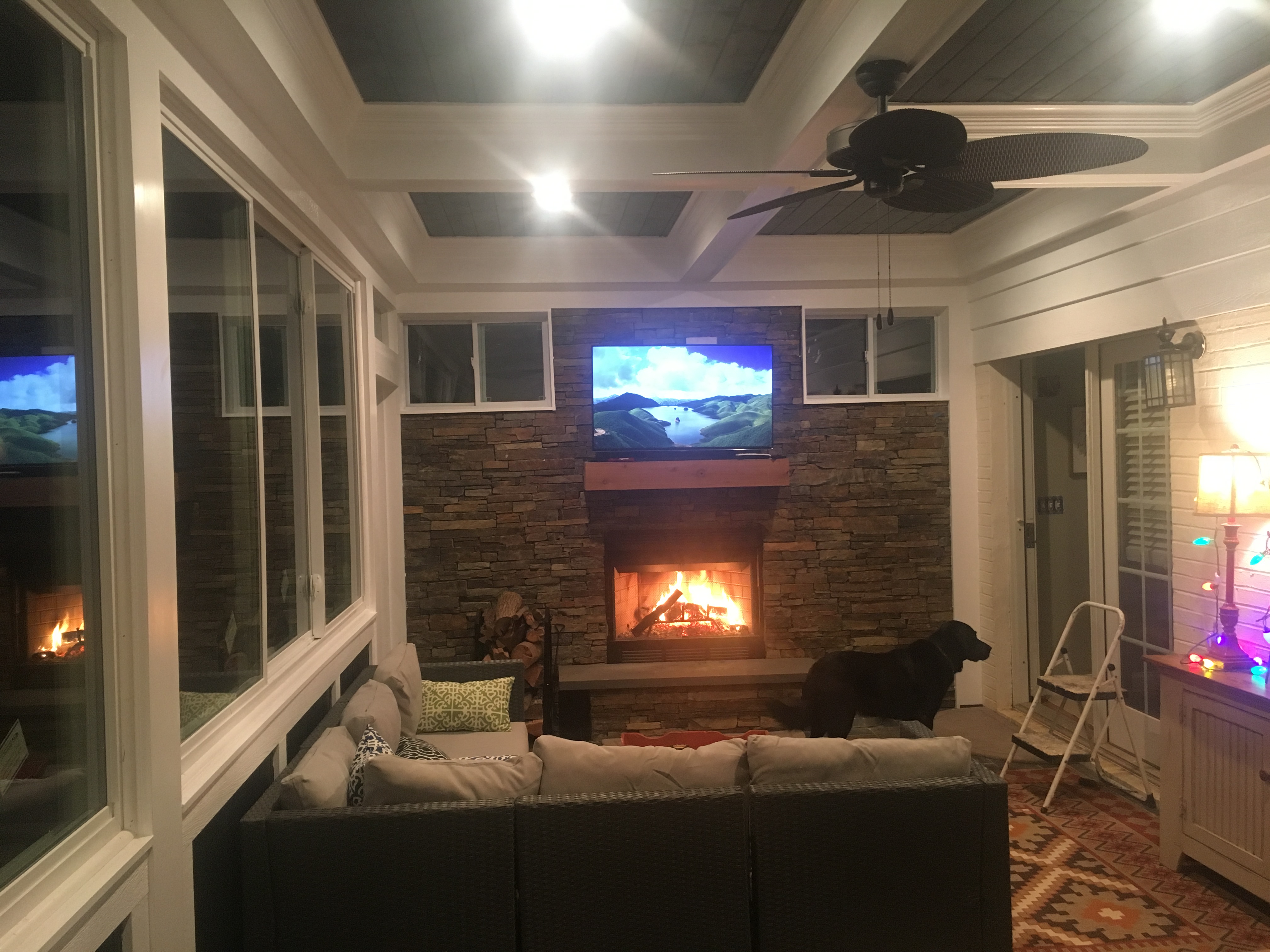 Fireplace and TV in Sunroom