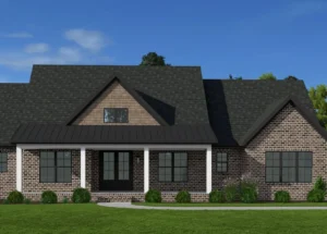 A Greensboro new home build featuring a brick home at 3650 Beroth Circle with a covered porch, black roof, and lush green lawn.